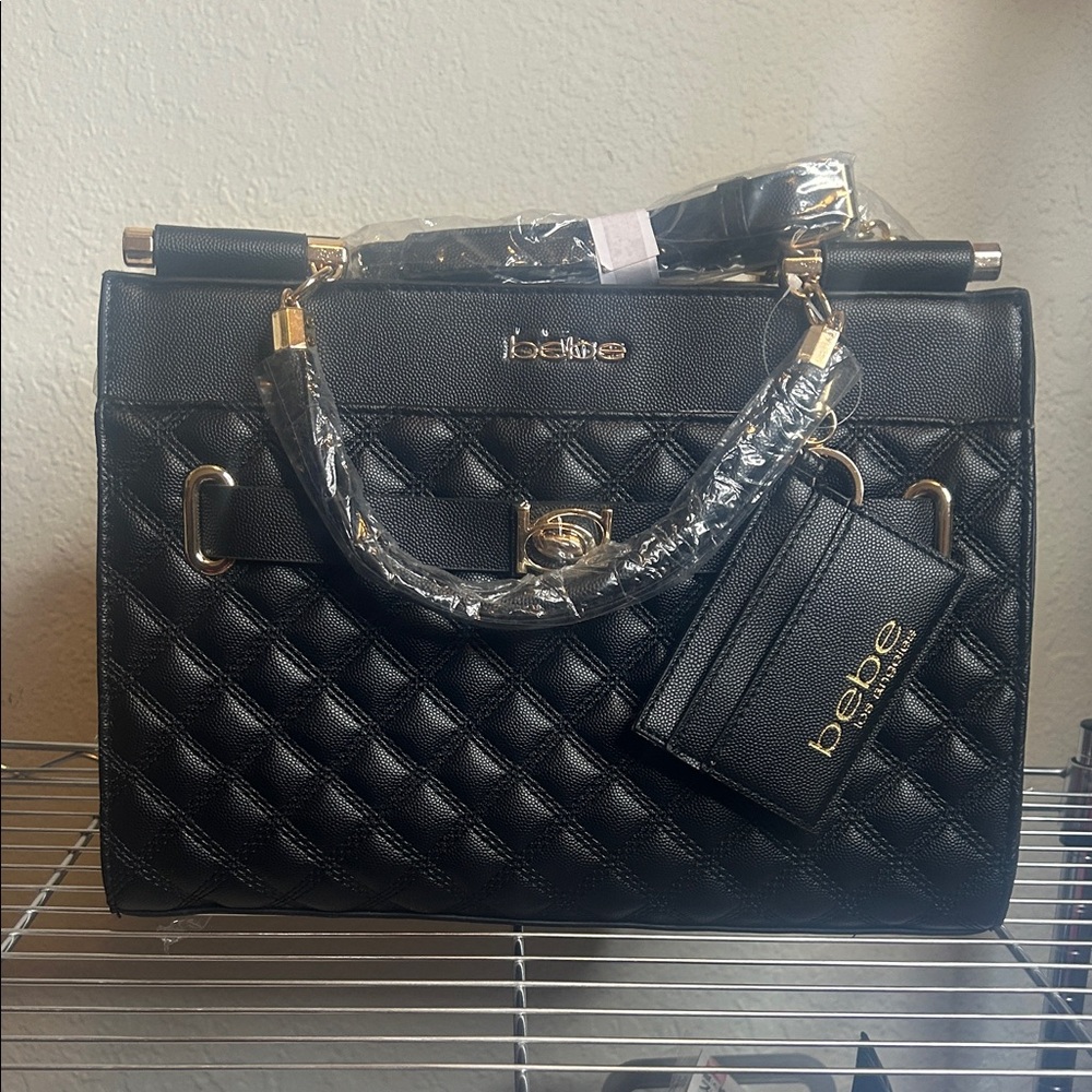 Bebe Black Quilted Satchel with Gold Accents